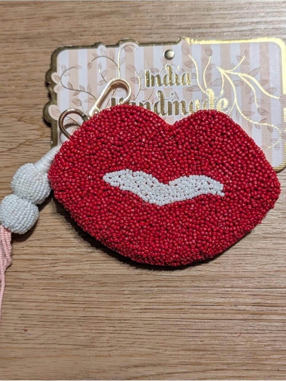 Beaded Red Lip Coin Pouch Keychain with White Accent